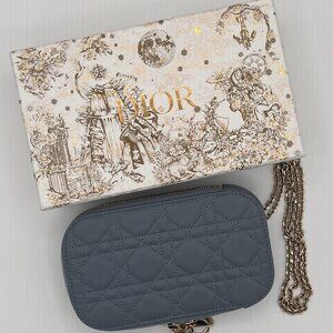 Dior Montaigne Phone Holder with Chain Strap - Blue Calfskin